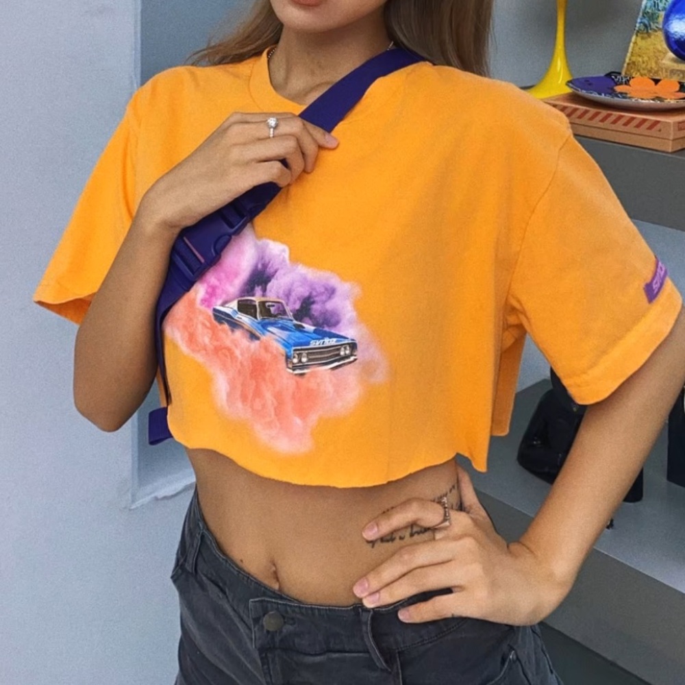 SVNDZ Orange Graphic Crop Top AND Washed Black Denim Mini Skirt Set